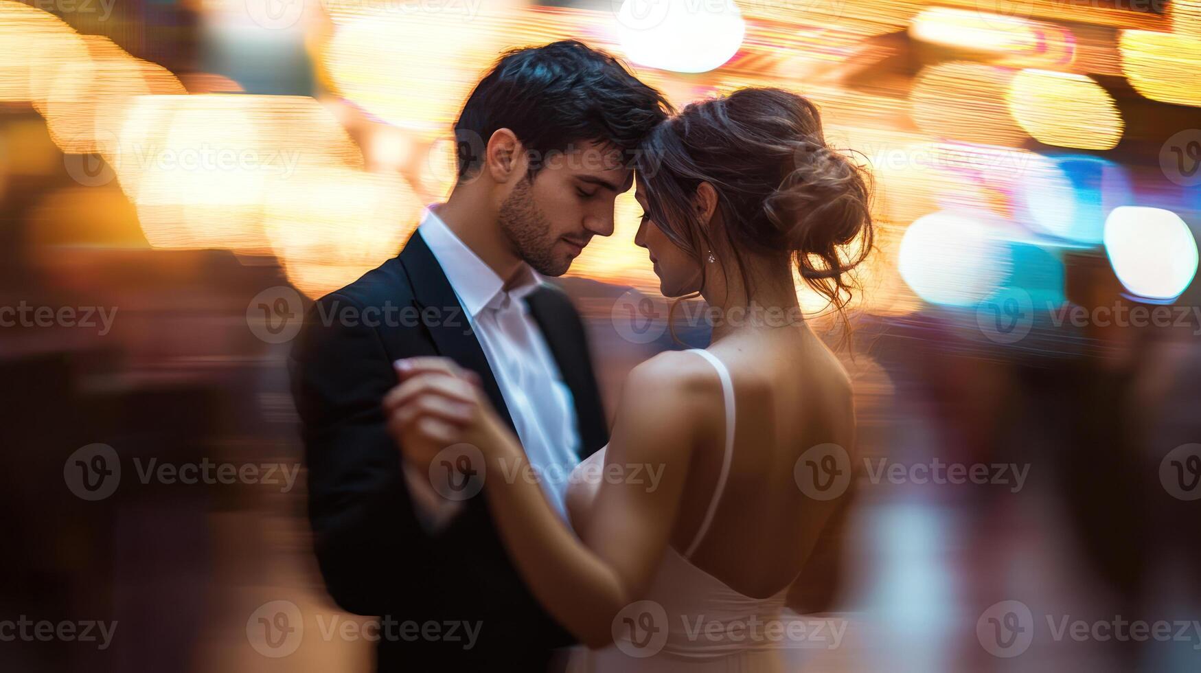 Dancing partners in romantic embrace, foreheads touching, creating dreamy atmosphere photo