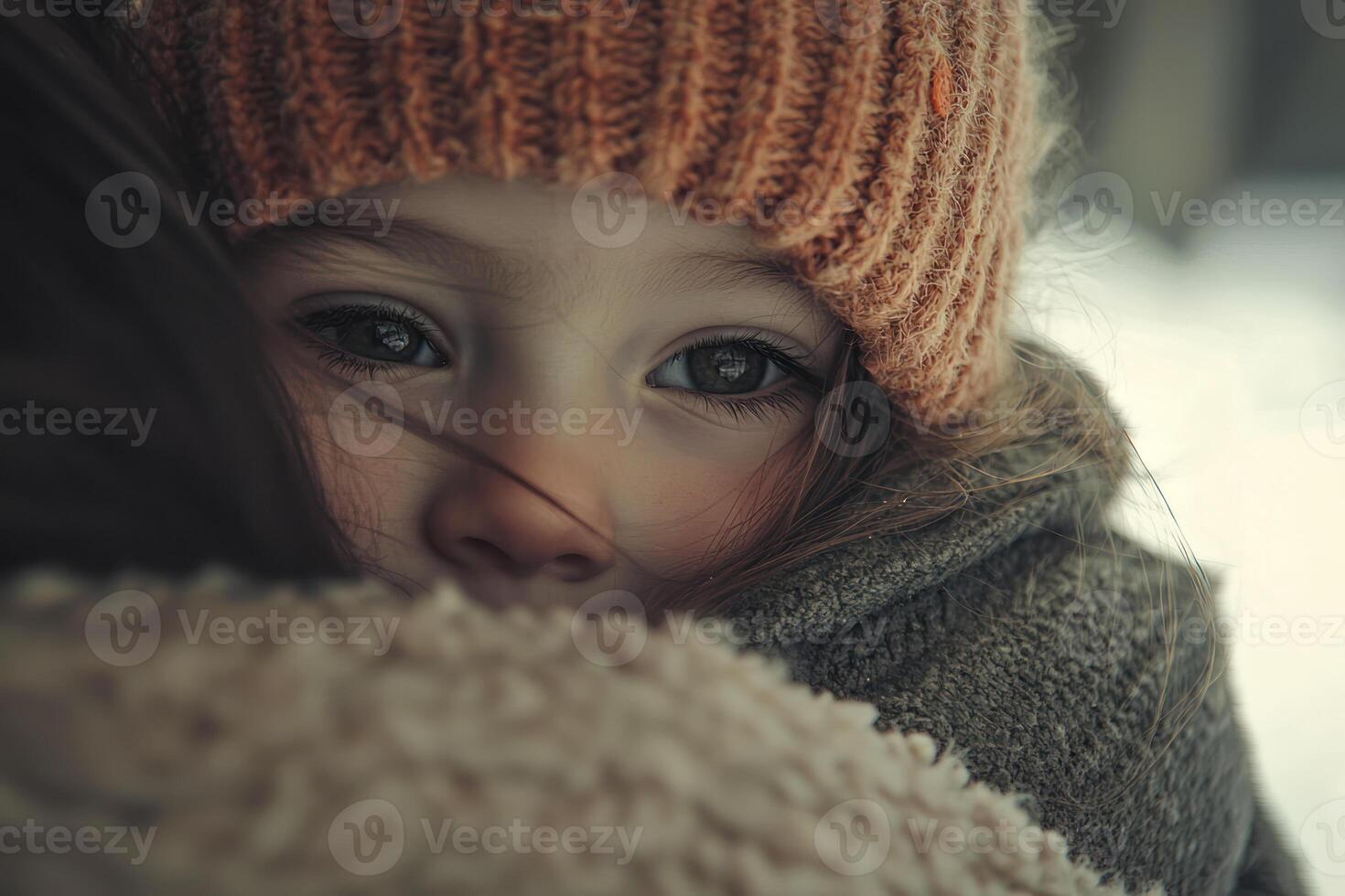 parent gently cradling child face with loving gaze, soft focus, home interior photo