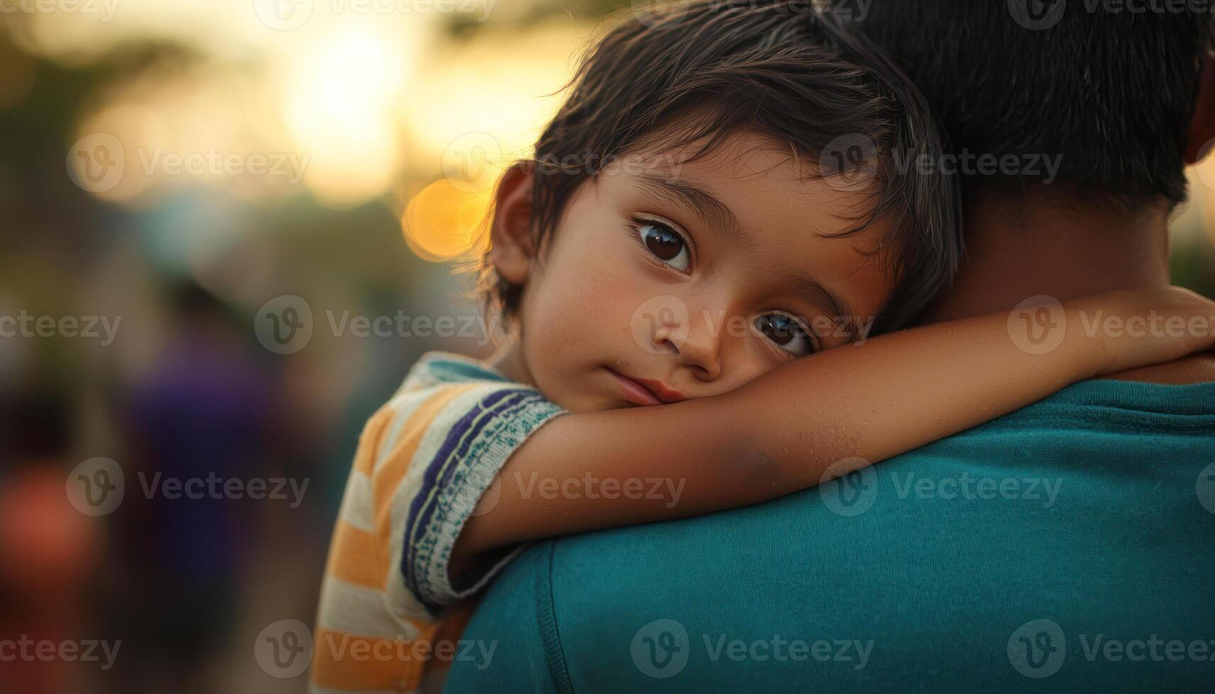 Child resting head on parent shoulder, displaying trust and affection, in warm setting photo