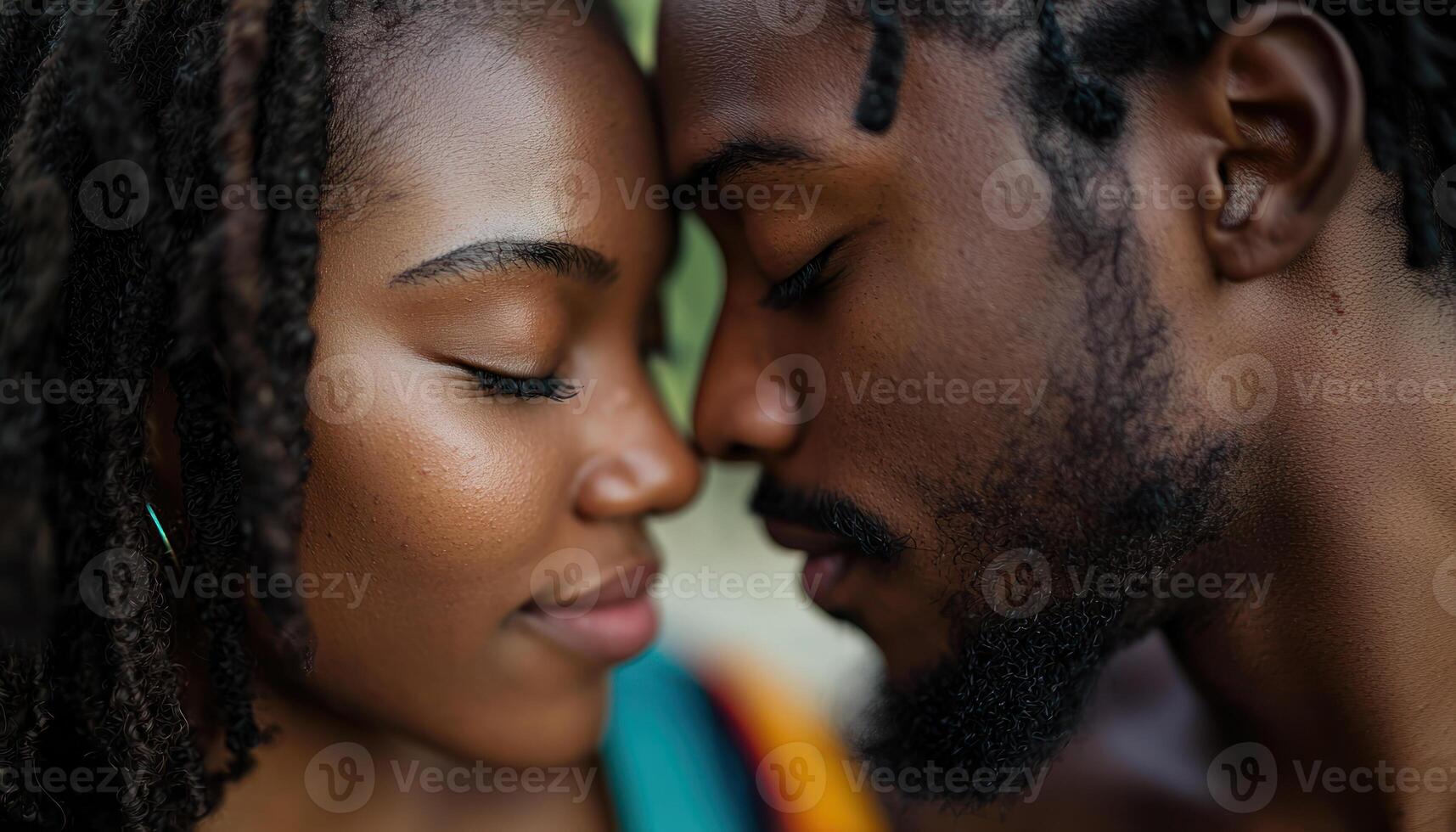 Close up of couple foreheads touching, eyes closed, conveying deep emotional connection and intimacy. photo