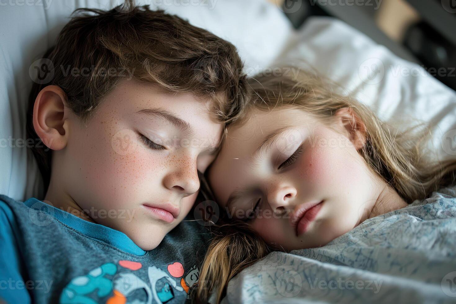 Teenager comforting younger sibling in soft bedroom setting, showing empathy and warmth photo