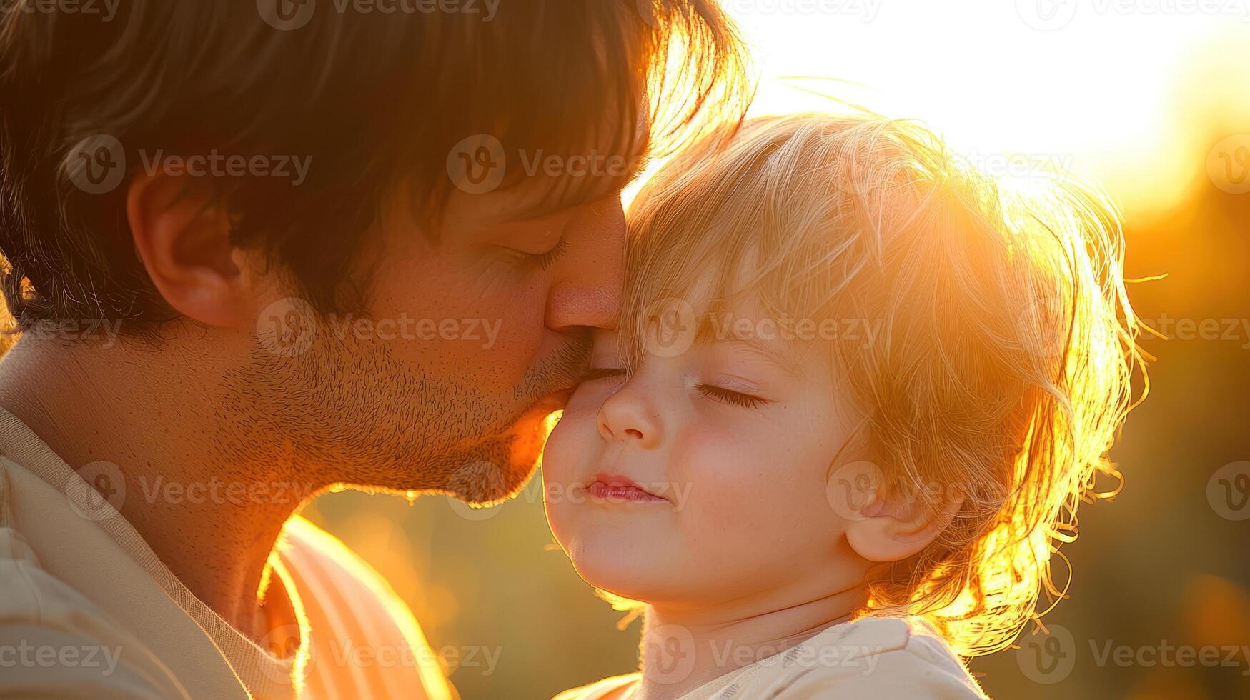 Parent kissing child's forehead, displaying deep love and care in sunset photo