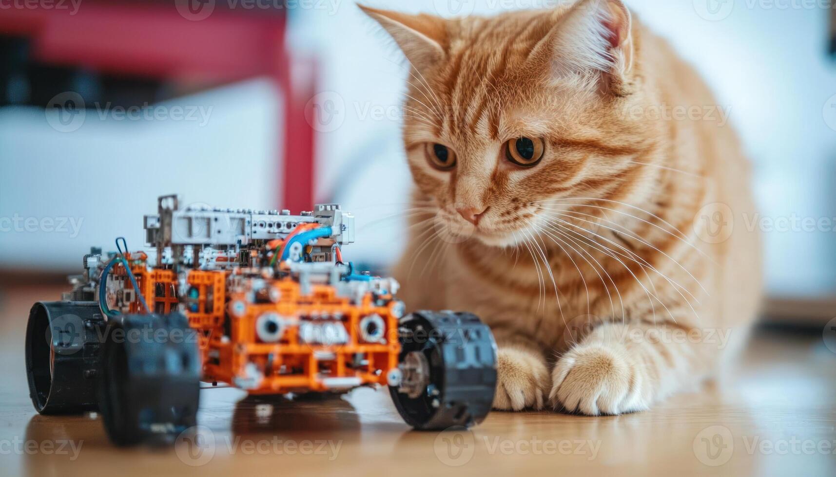 Curious cat observing robotic toy car with intricate details and design photo