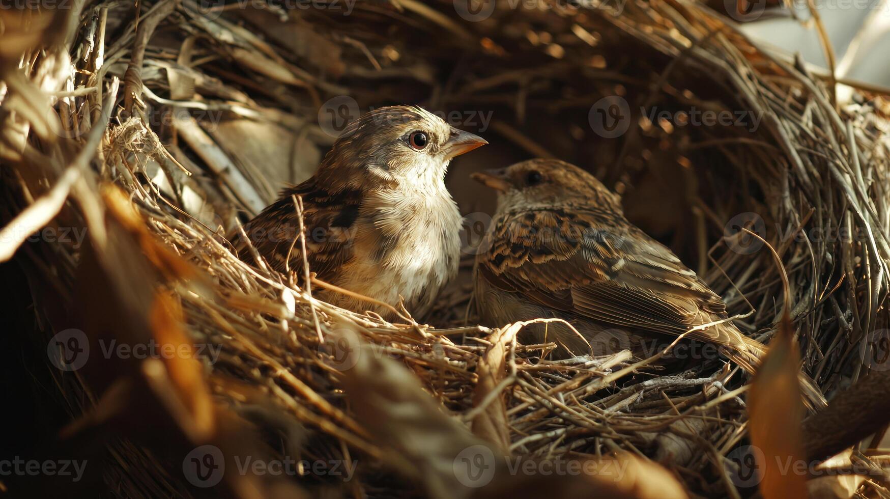 Nesting birds collaborating to create cozy home with twigs and grass. Their teamwork showcases functional design in nature photo
