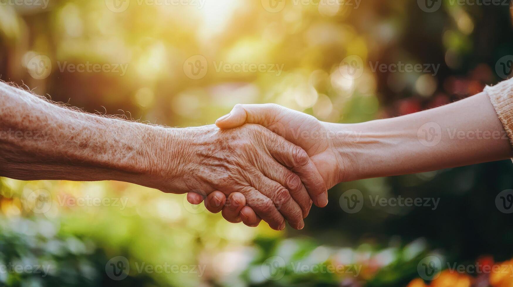 Elderly couple holding hands, emotional connection, radiating happiness in sunlit garden, showcasing soft support and warmth photo