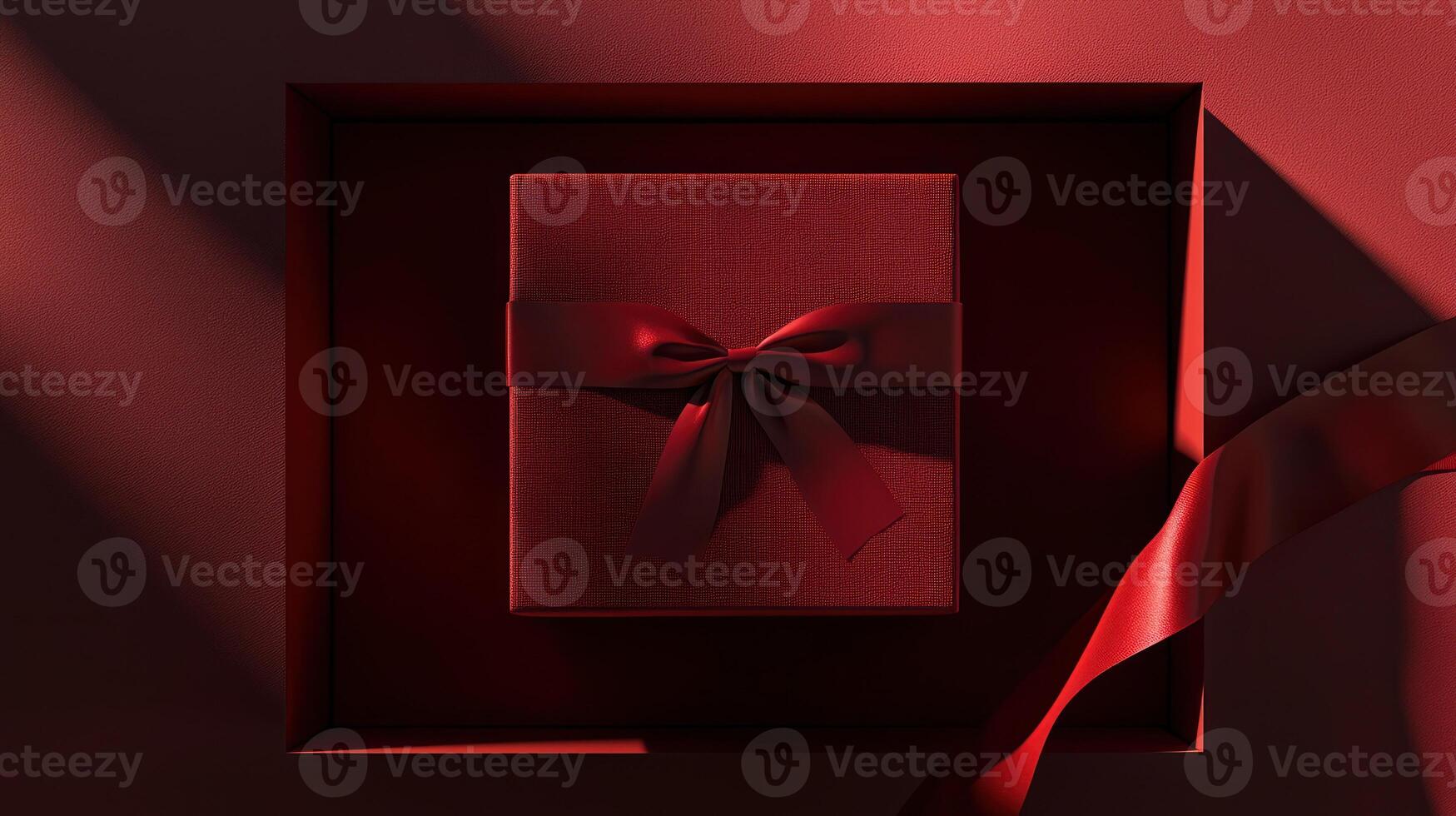 Top view of deep red gift box with satin ribbon, minimalist setup, perfect for special occasions photo