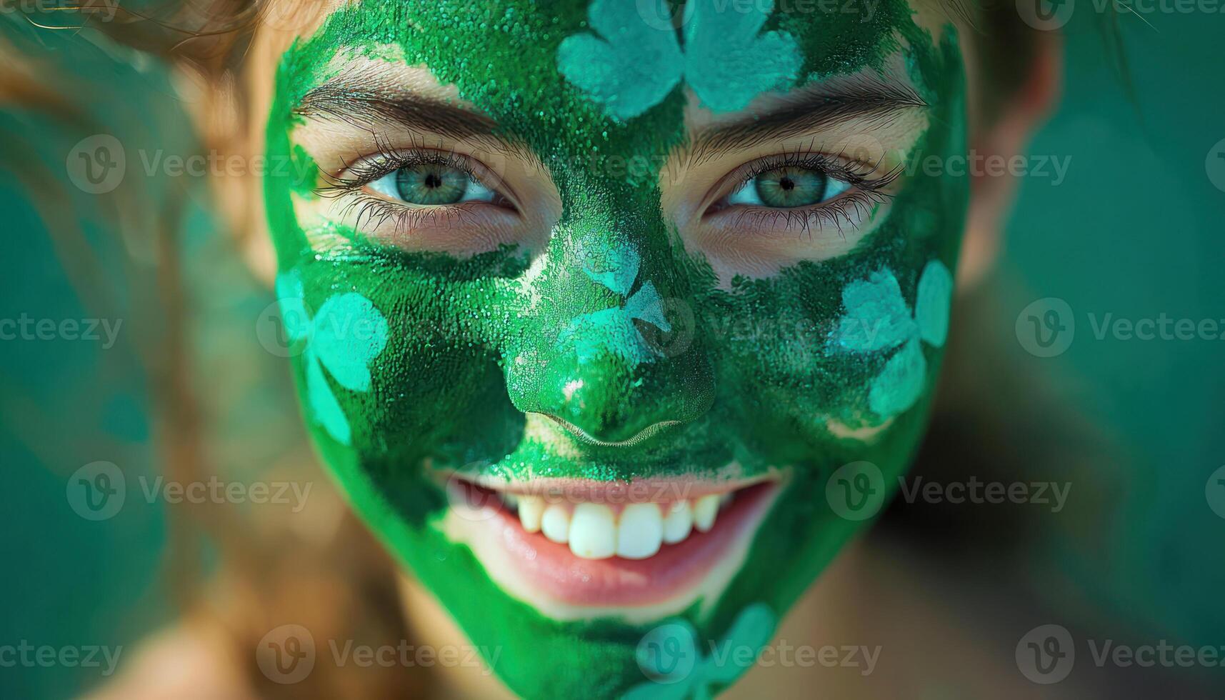 St. Patrick Day celebration with green painted face and playful expression, showcasing joy and festivity photo