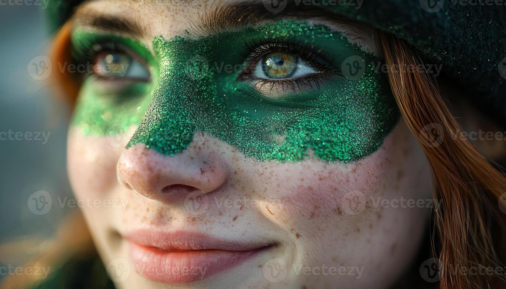St. Patrick Day celebration with green face paint and playful expression photo