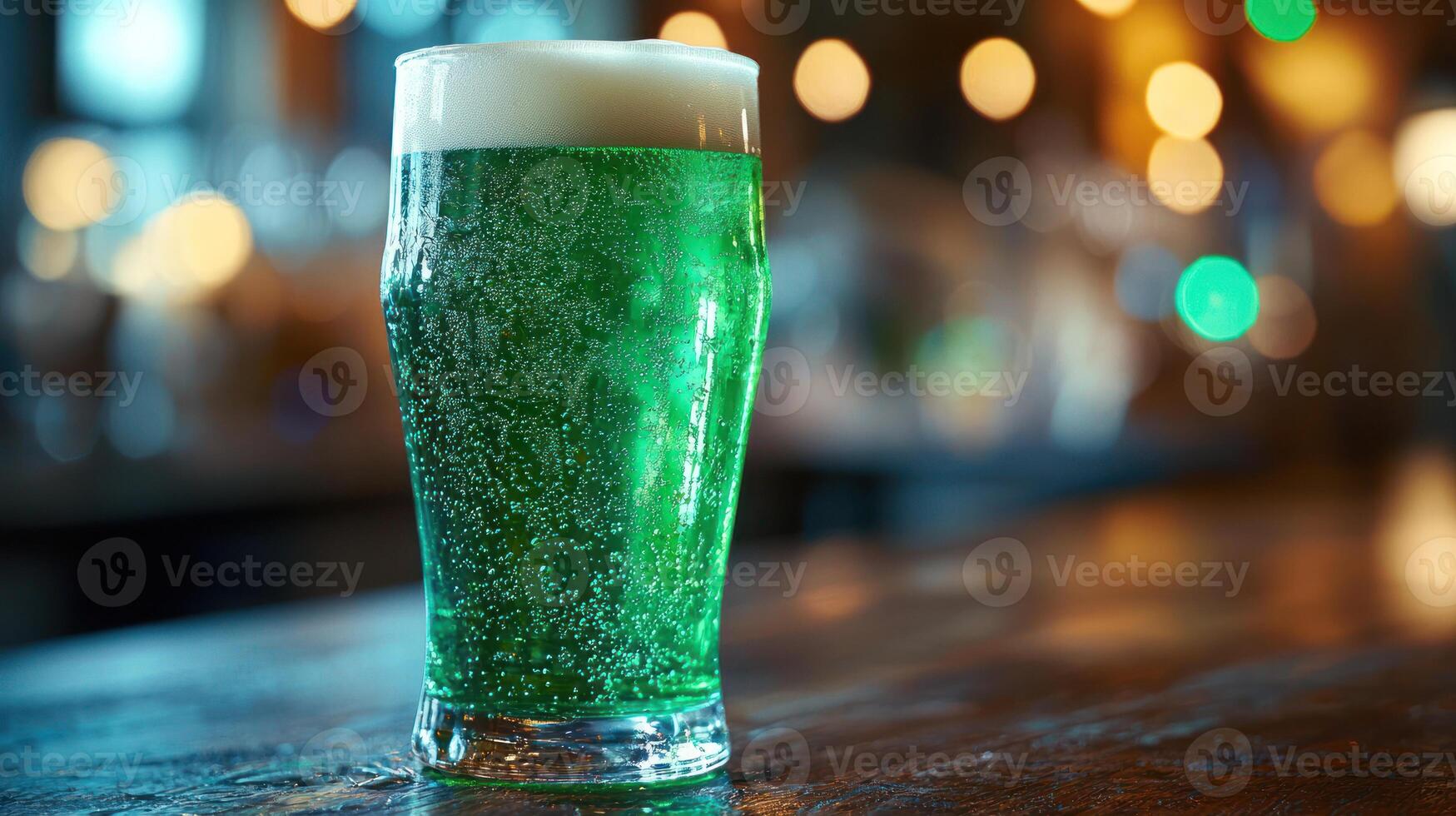 Green beer in pint glass on wooden table, perfect for St. Patrick Day celebrations, with festive atmosphere photo