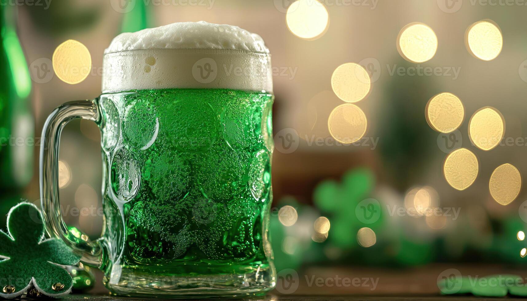 Frothy green beer mug at festive celebration with bokeh lights photo