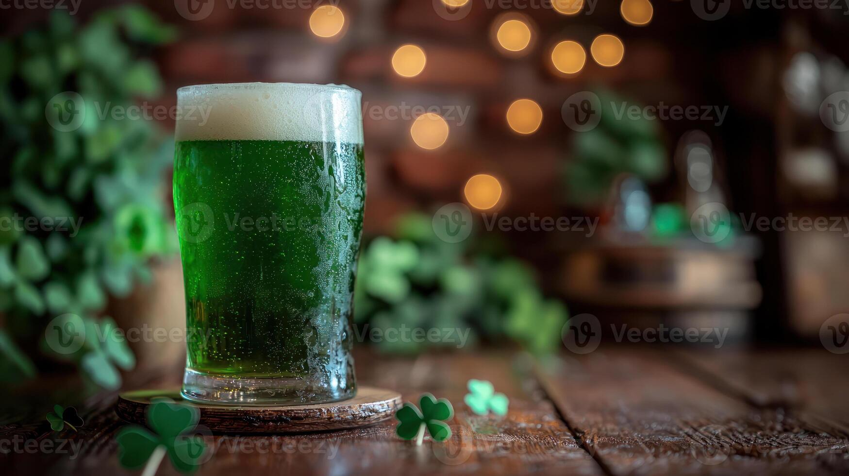 Green beer in pint glass for St. Patrick Day celebration, surrounded by clovers and cozy pub atmosphere photo