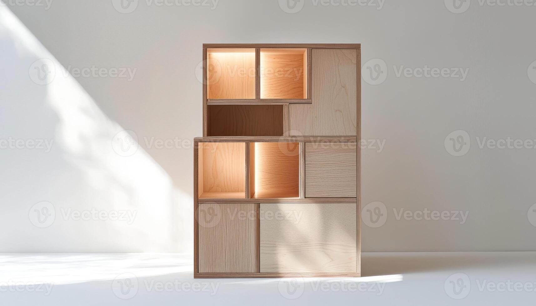Minimalist modular cube storage in light wood with bright studio lighting photo