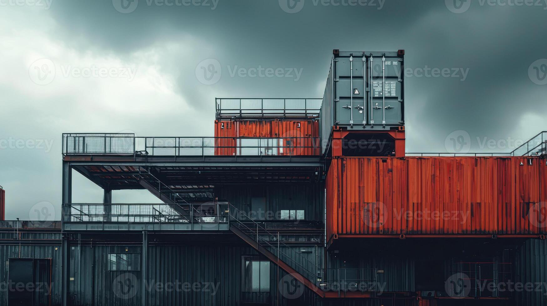 Industrial modular structure with prefabricated units under overcast sky, showcasing raw materials and modern design. photo