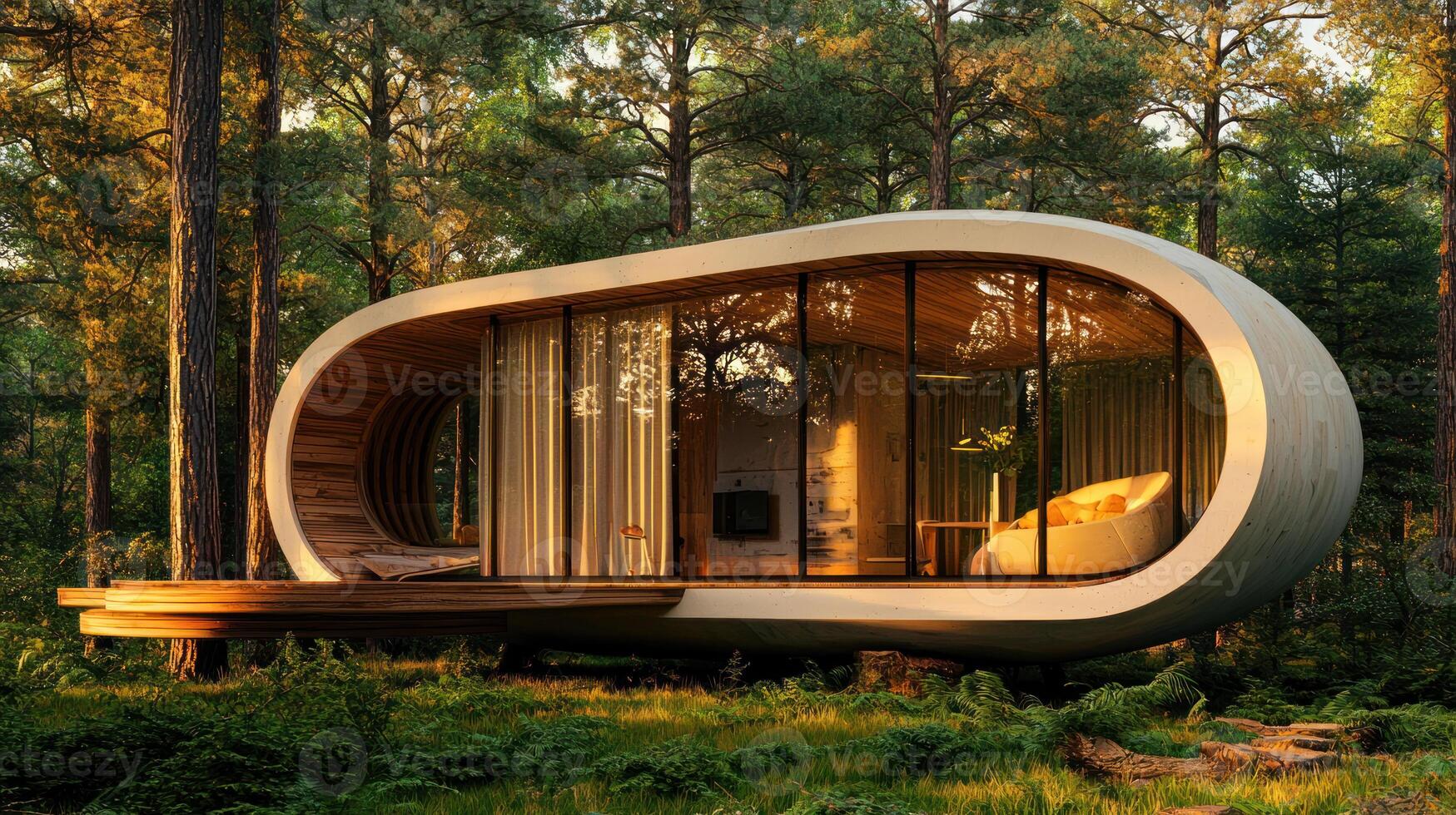Sustainable modular housing unit with smart glass windows in forest photo
