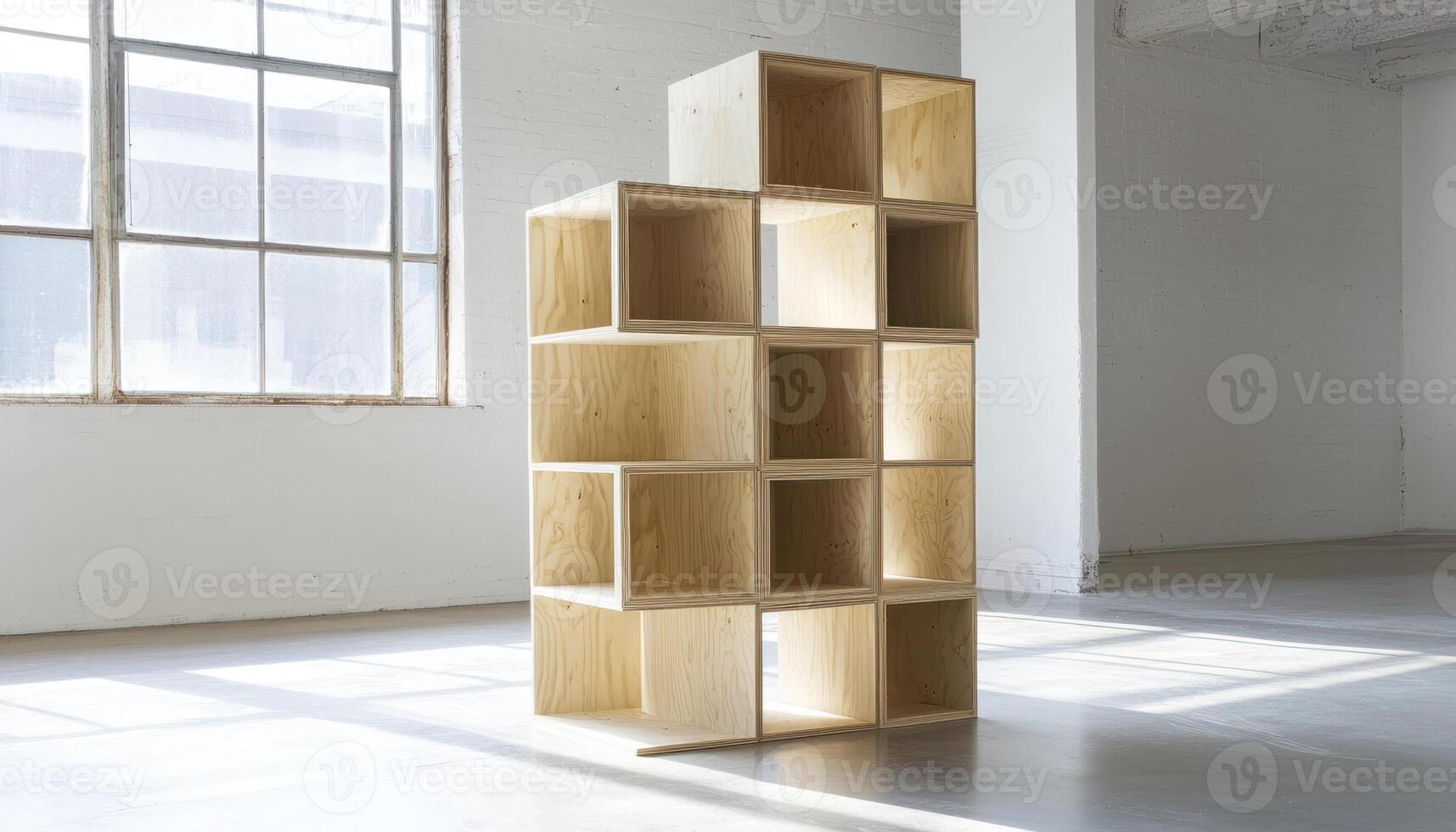 Minimalist modular cube storage in light wood, bright studio lighting creates serene atmosphere. photo