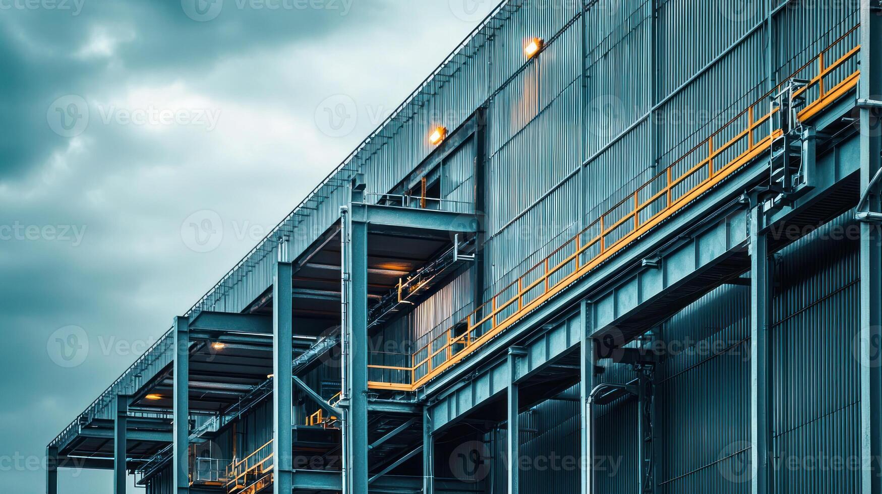 A Industrial modular structure with prefabricated units under overcast sky, showcasing raw materials and modern design photo