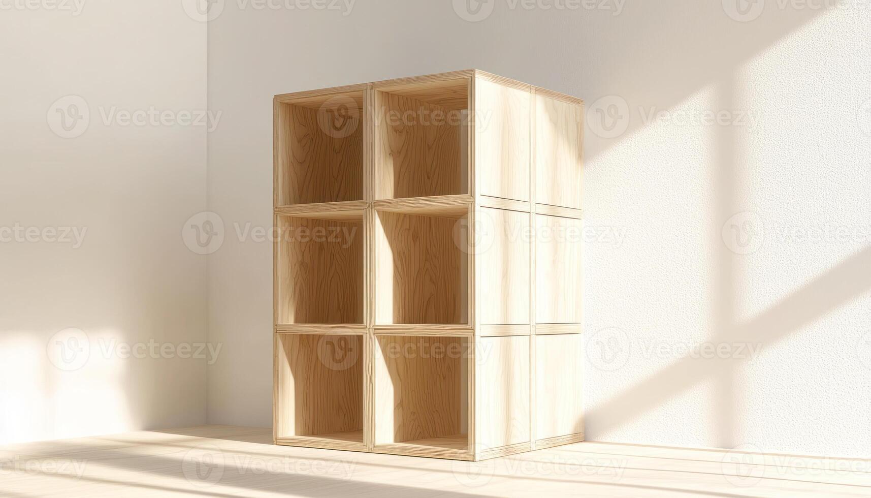 A Minimalist modular cube storage in light wood, bright studio lighting creates serene atmosphere. photo