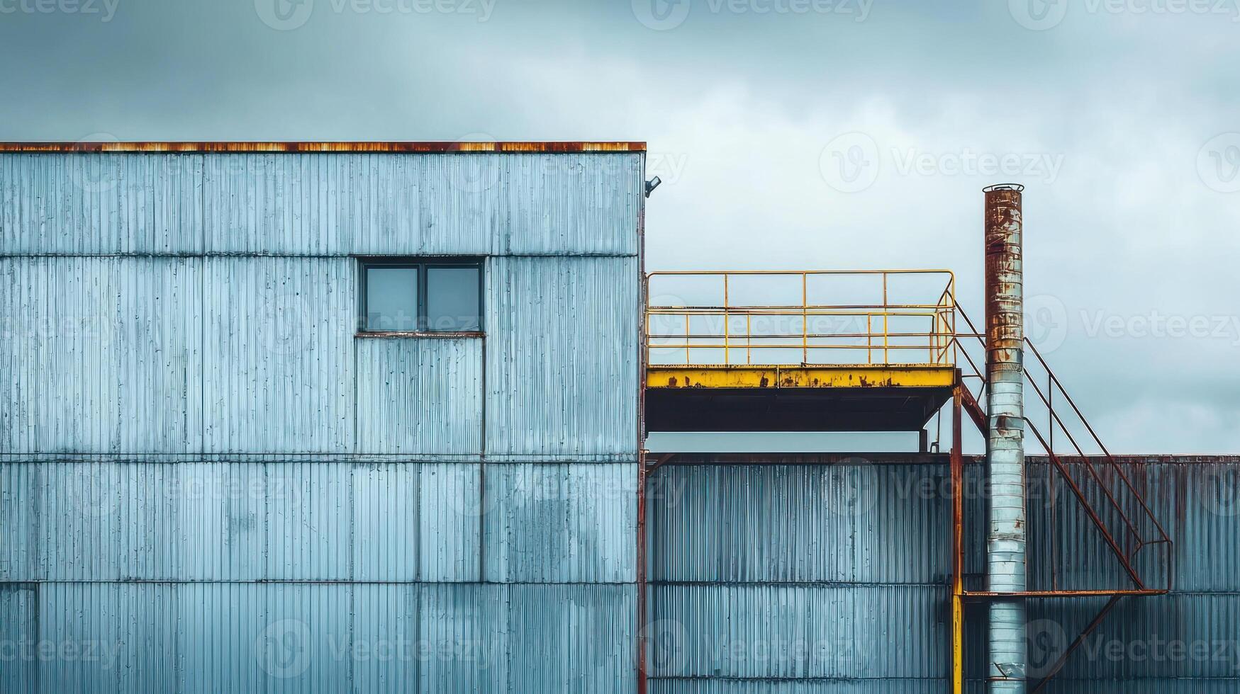 Industrial modular structure with prefabricated units under overcast sky. raw materials create stark, modern aesthetic photo