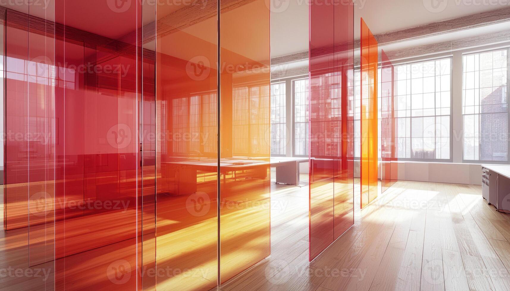 Modern adaptable room dividers create vibrant workspace with translucent panels. warm colors enhance atmosphere photo