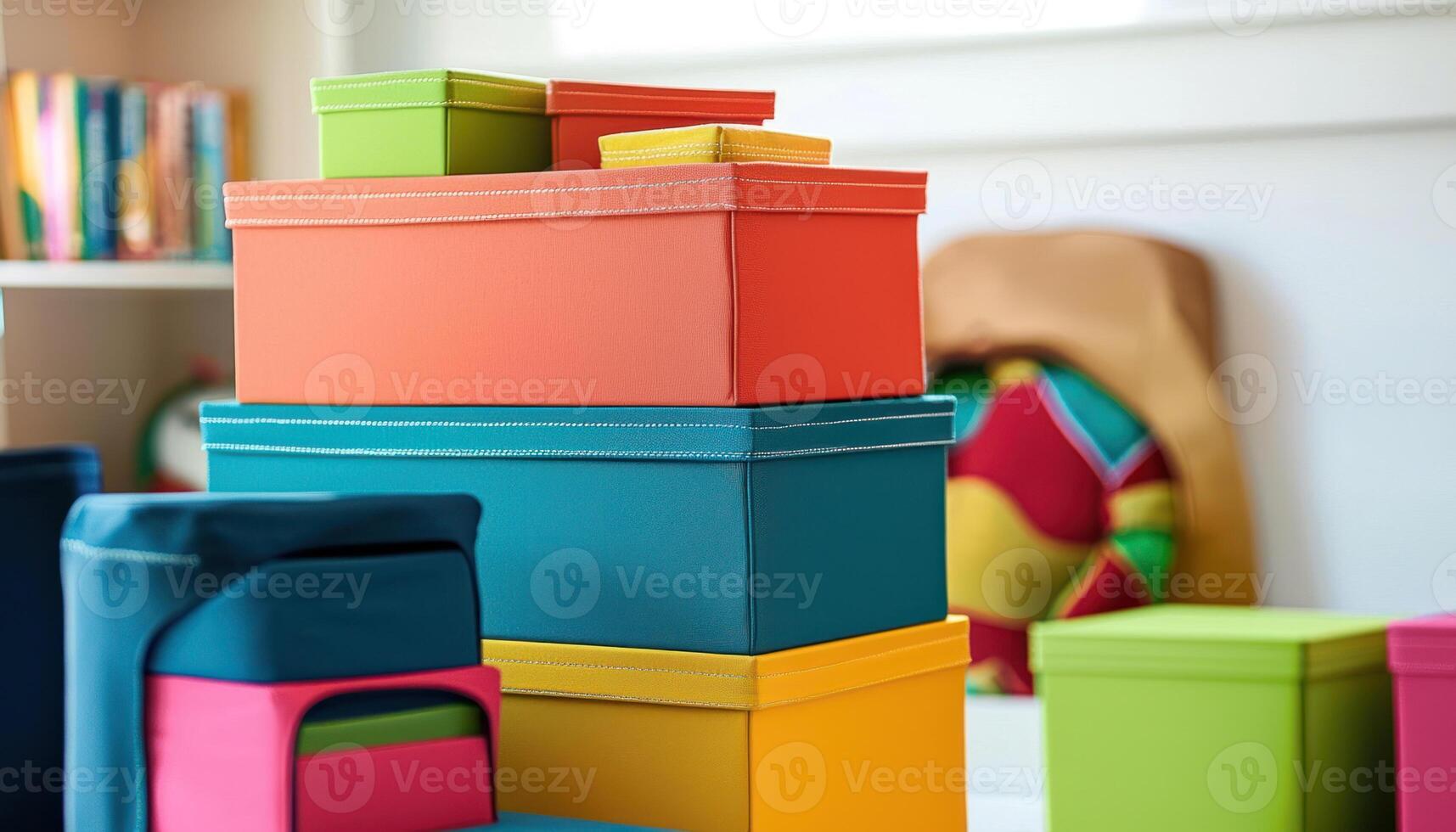 Colorful stackable storage boxes create playful design for kids rooms, offering customizable arrangements and vibrant colors photo