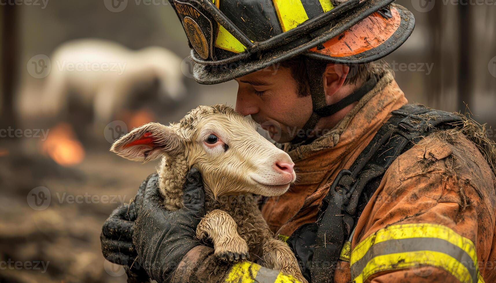 Firefighter comforting rescued lamb after rescue relief and teamwork photo