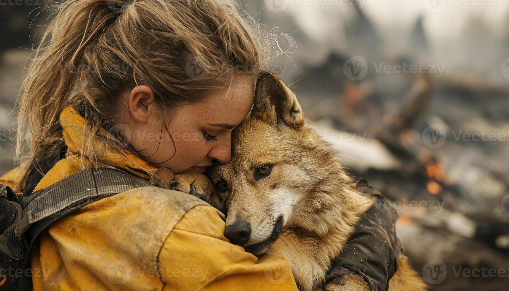 volunteer comforts stressed dog affected by recent wildfires, showing compassion and care in challenging environment photo