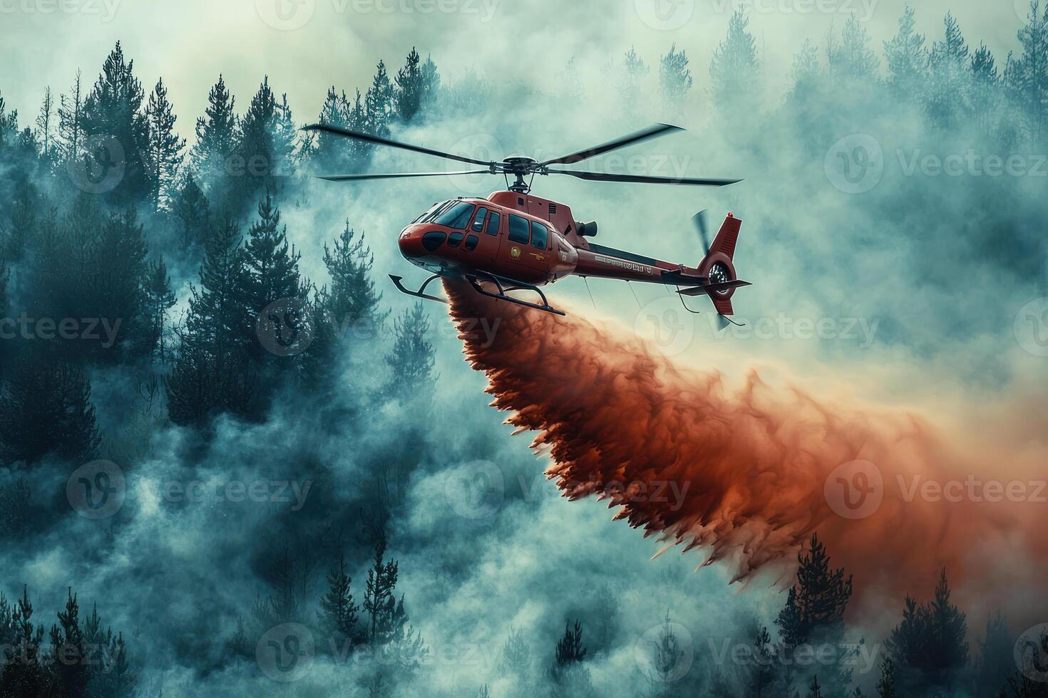 helicopter releasing water over forest fire, with dramatic smoke rising. scene captures coordinated efforts to control photo
