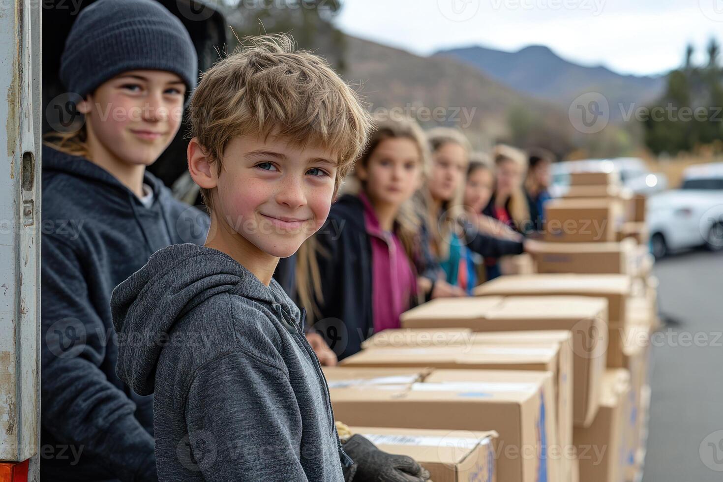 Children helping adult volunteers load boxes of animal food into truck, showcasing community effort and teamwork photo