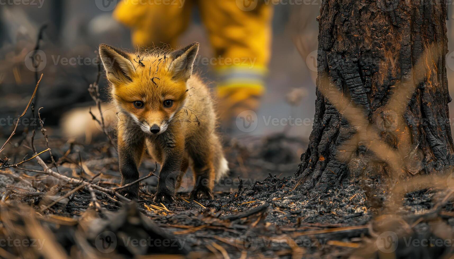 Fox cub looking forlorn near burned tree, with firefighters in background, at forest edge photo