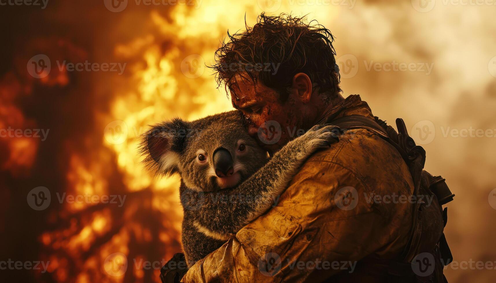 rescuer holds koala tightly amidst smoke filled sky, showcasing compassion photo