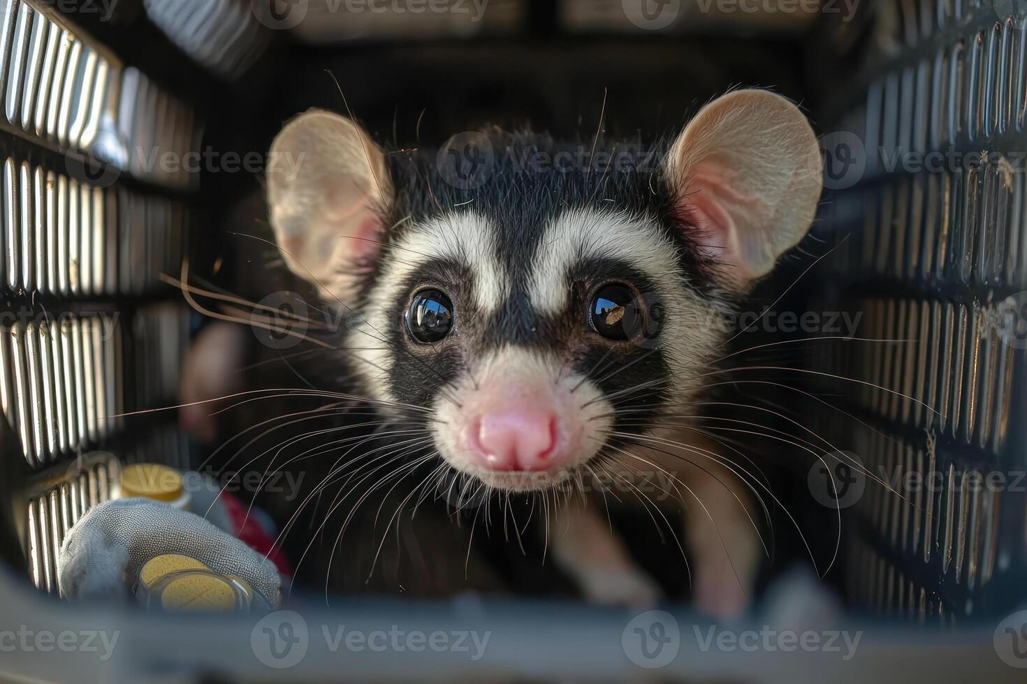 Possum with burns on snout receiving medication in its carrier, showing concern photo