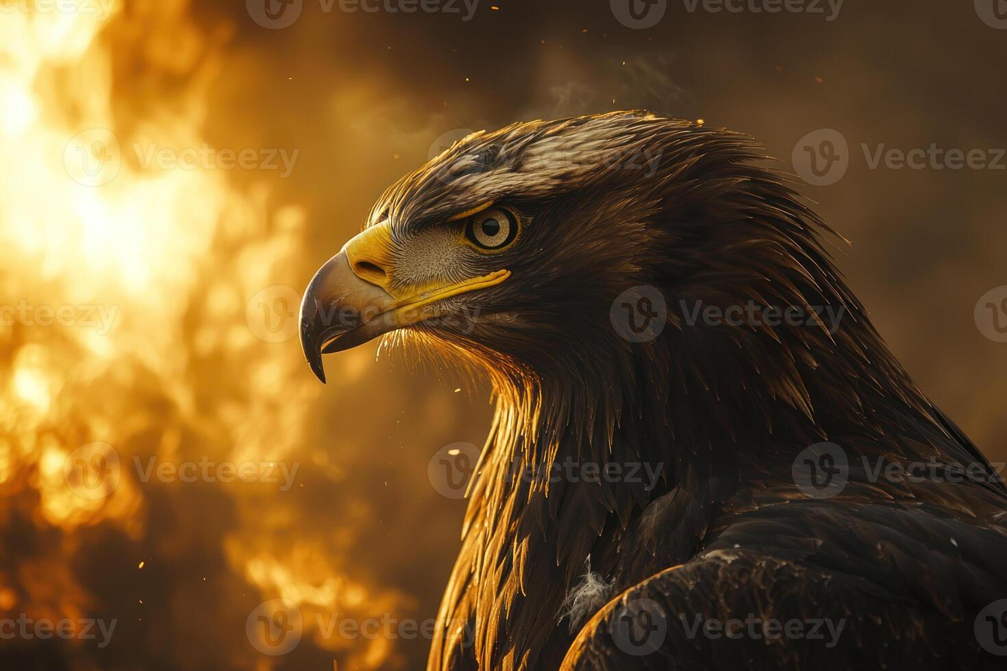 Majestic eagle amidst smoke and devastation, showcasing resilience and strength photo