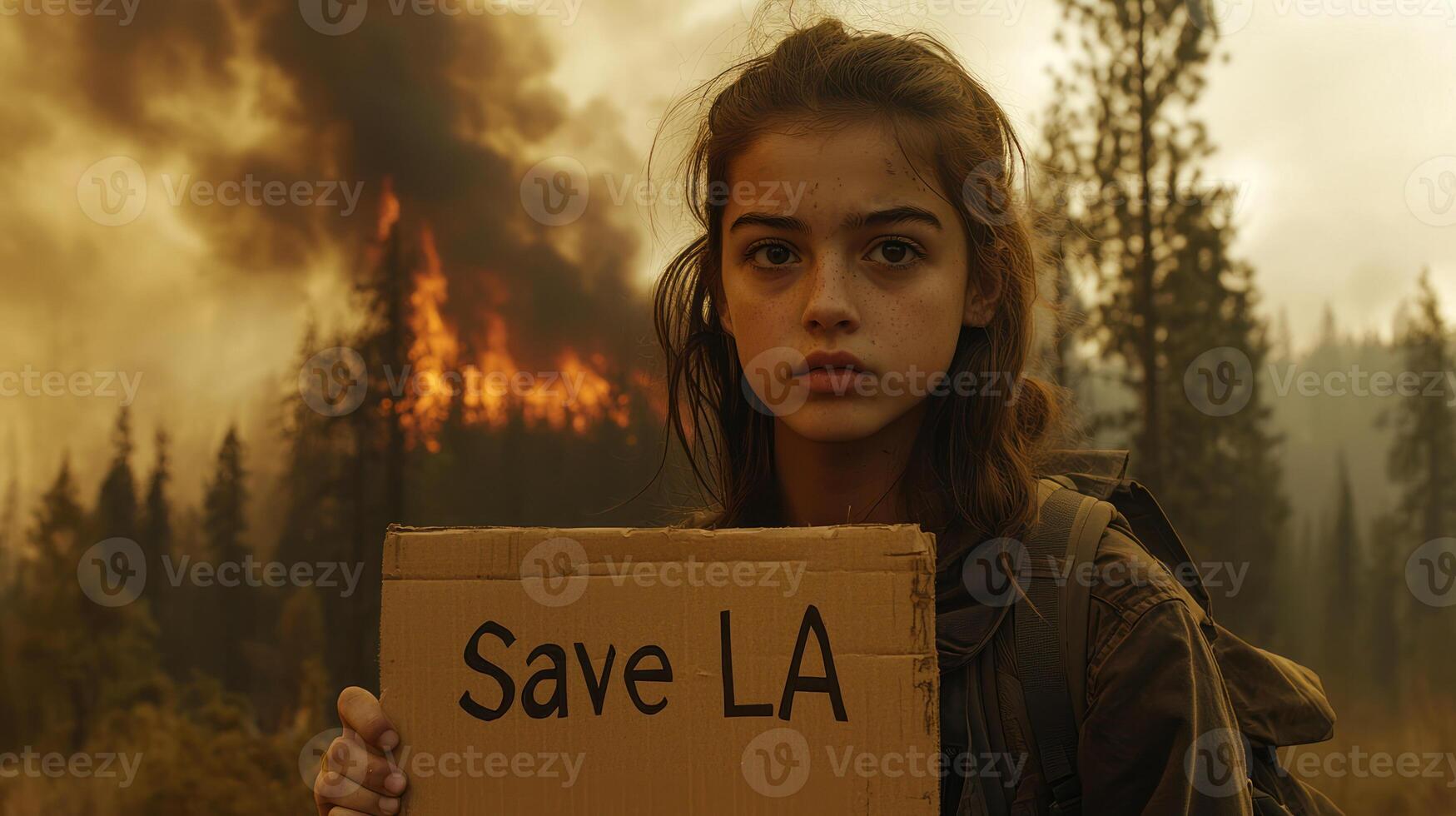 Young protestor holding sign Save LA in smoke filled forest, highlighting climate urgency amidst wildfire damage photo