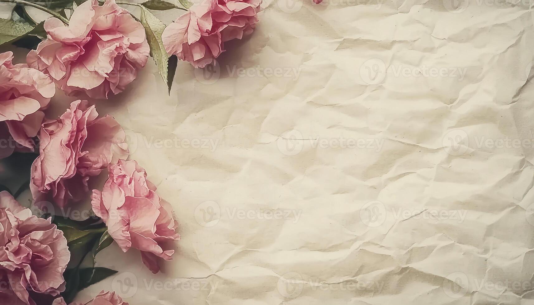 Vintage letter soft paper texture desaturated ink colors romantic mood with pink flowers conveying feeling of affection photo