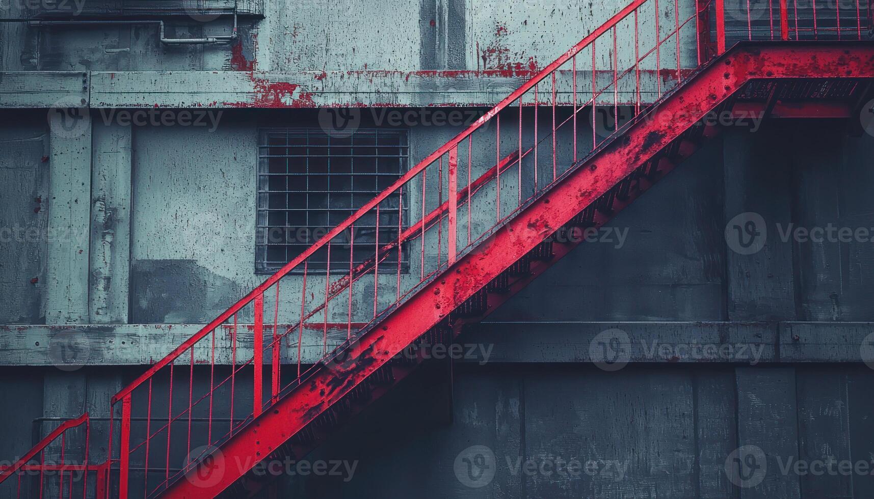 red metal fire escape urban decay subtle light shows geometric pattern on building structure photo