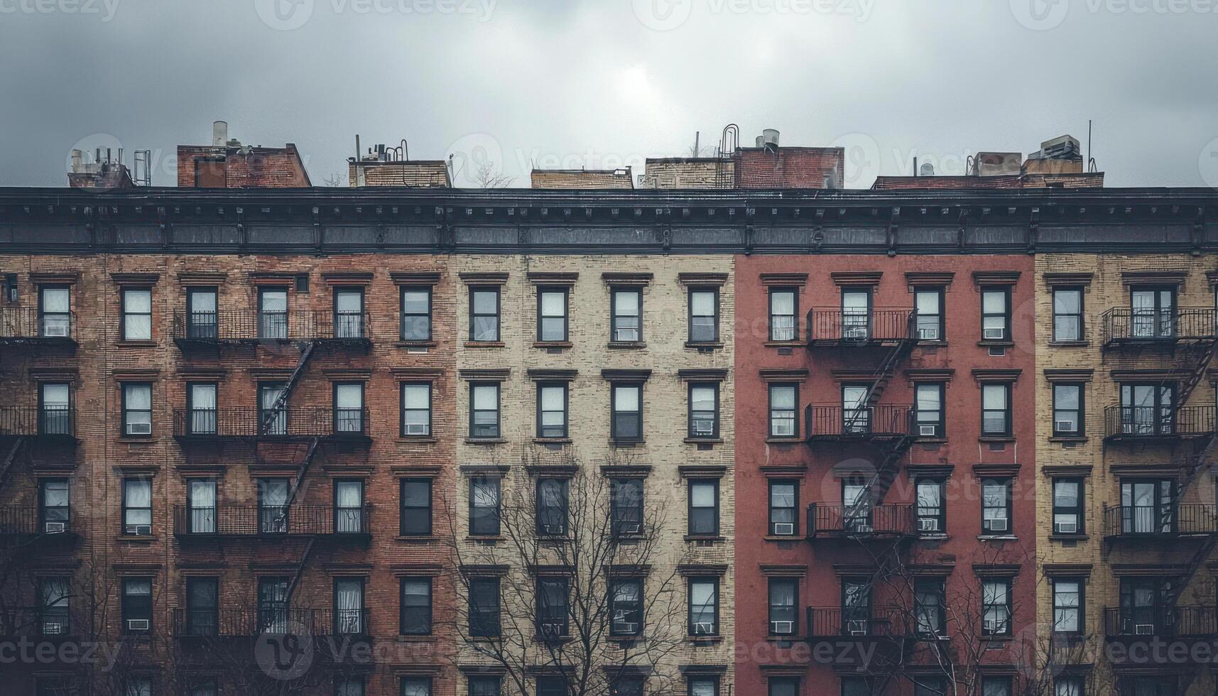 Muted apartment buildings desaturated facade repeating patterns cloudy day building exterior look gray and somber photo