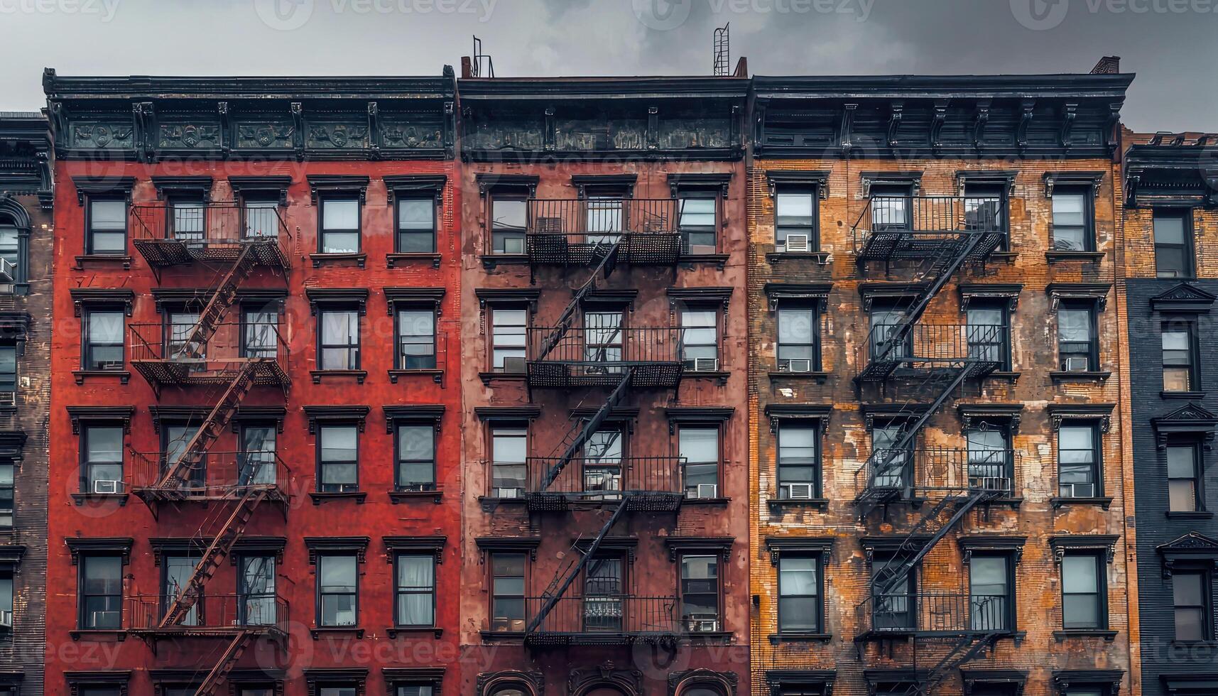 Muted apartment buildings desaturated facade repeating patterns cloudy day, urban scenery photo