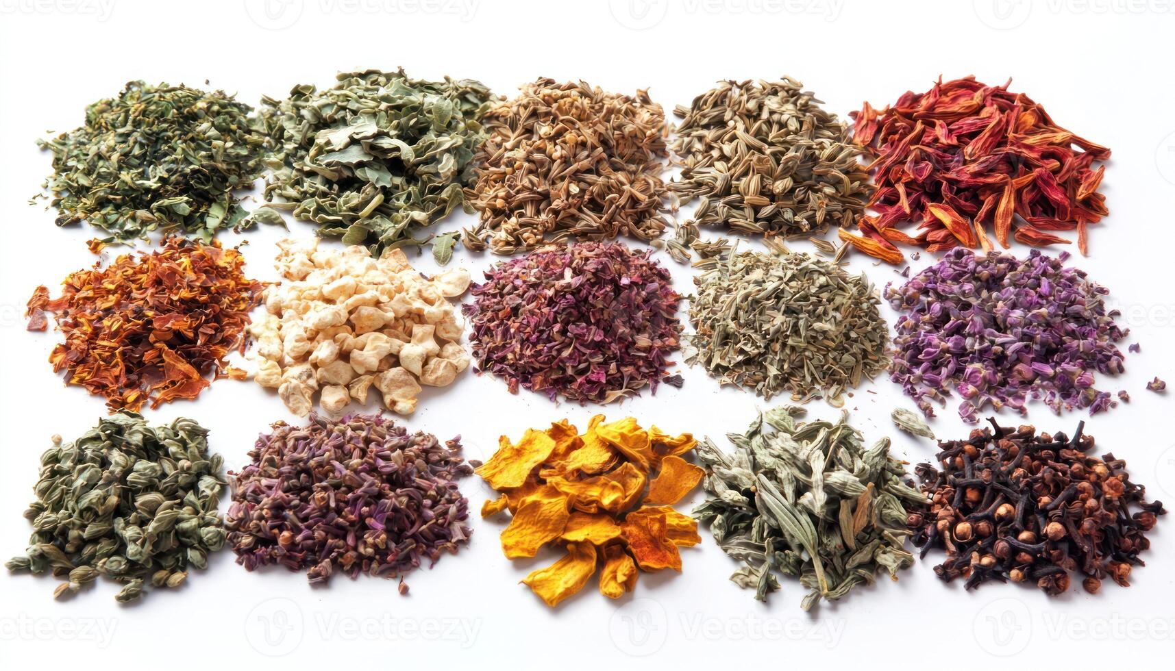 Dried herbs and spices arranged with earthy aromas and desaturated colors photo