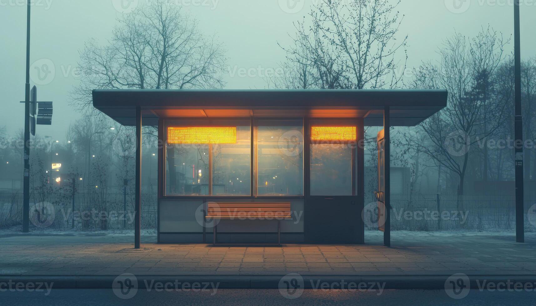 Desaturated bus stop muted shelter urban waiting melancholic feel, in evening light photo