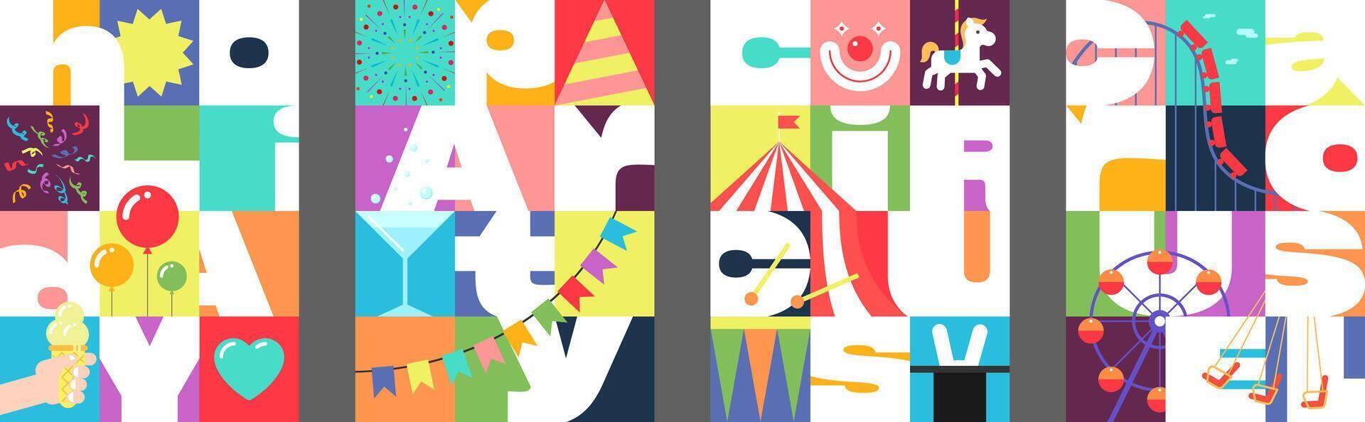 Festive party, circus and carousel poster set. Bright amusement park contemporary geometric designs with artistic text for holiday background, flyer, invite or ticket. Colorful carnival fair visuals vector