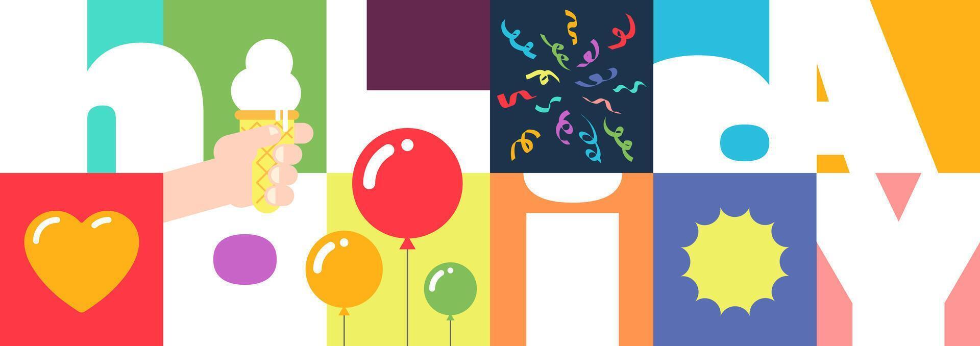 Vibrant festive banner featuring bold geometric designs and cheerful colors. Modern graphic template perfect for party invitations, event flyers, holiday celebrations and creative social gatherings vector