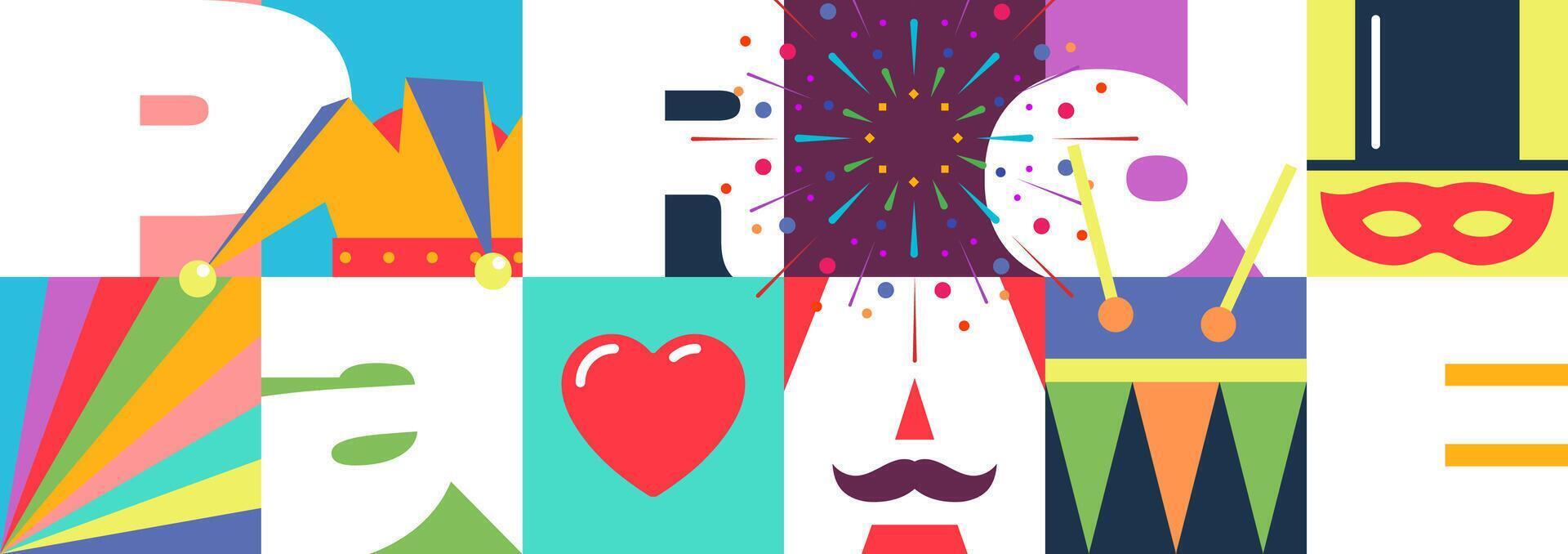 Happy Carnival banner. Geometric poster with carnival mask, musical instruments, splashes and abstract shapes. Festive background for holiday celebration. Design for event. Flat illustration vector