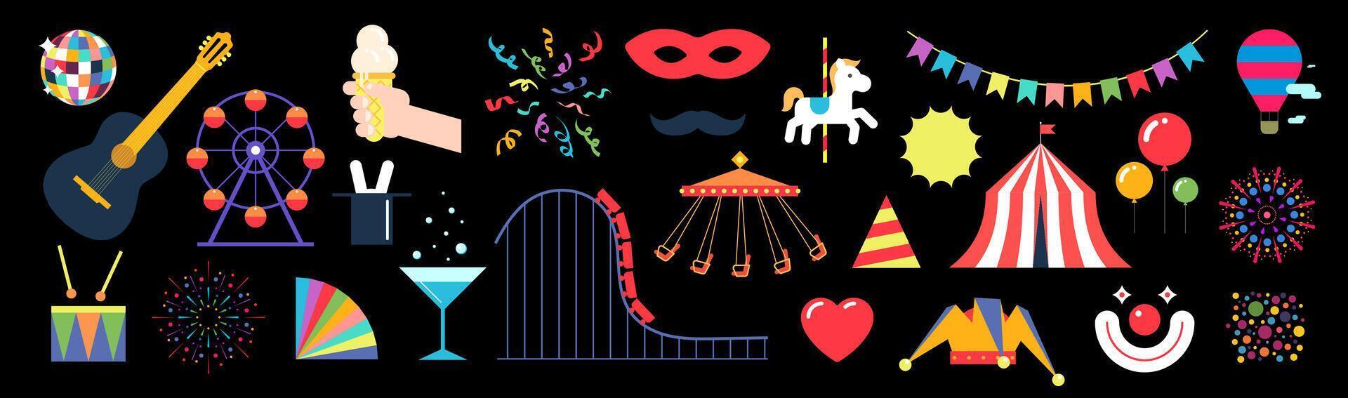 Geometric graphic isolated amusement park and holiday elements set in bold simple style. Festive symbols design collection for festival, carnival and birthday party. Circus show or funfair symbols vector