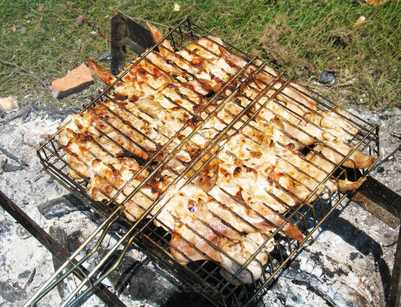 Delicious grilled chicken wings cooking on a barbecue grill outdoors. photo