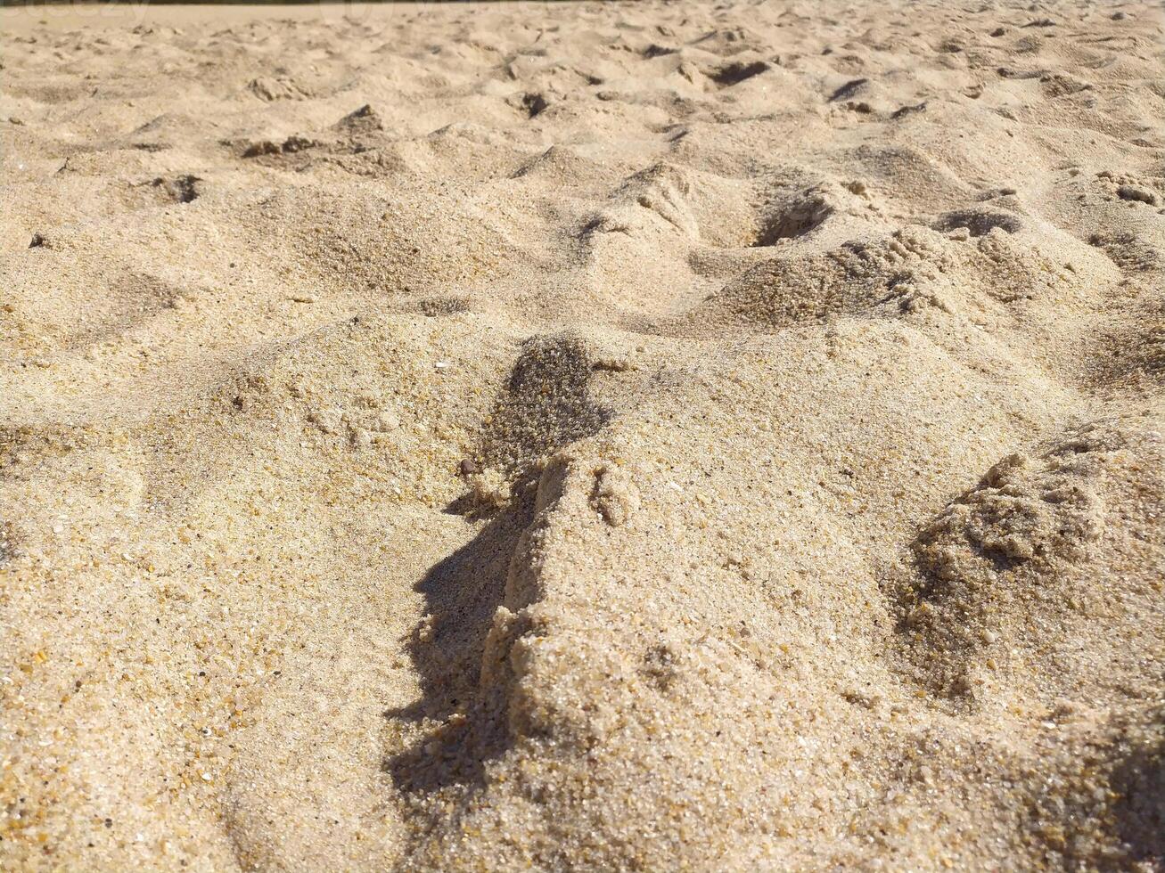 Fine golden sand covering a beach dday with clear skies, creating a serene and tranquil atmosphere for relaxation photo