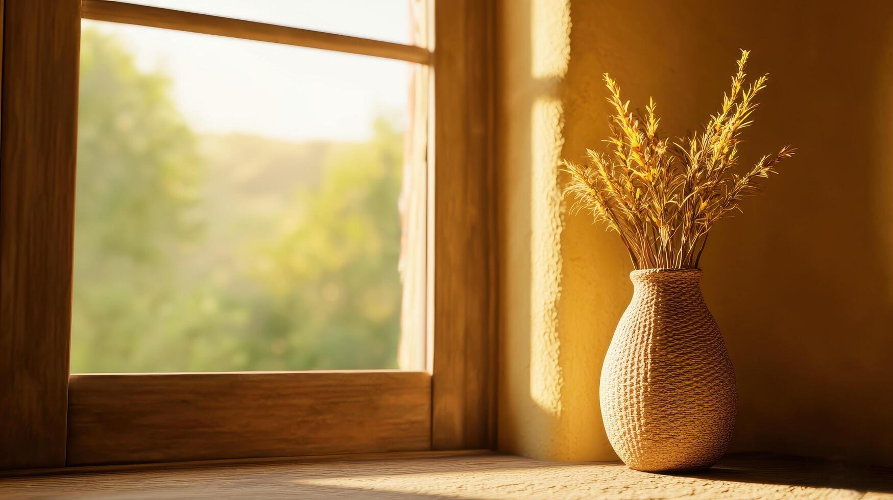 Sunlit Dried Flowers in Woven Vase by Window Rustic Home Decor Warm Light photo