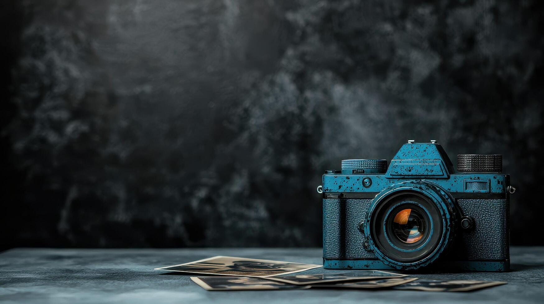 Vintage Blue Film Camera with Old Photographs on Dark Background photo