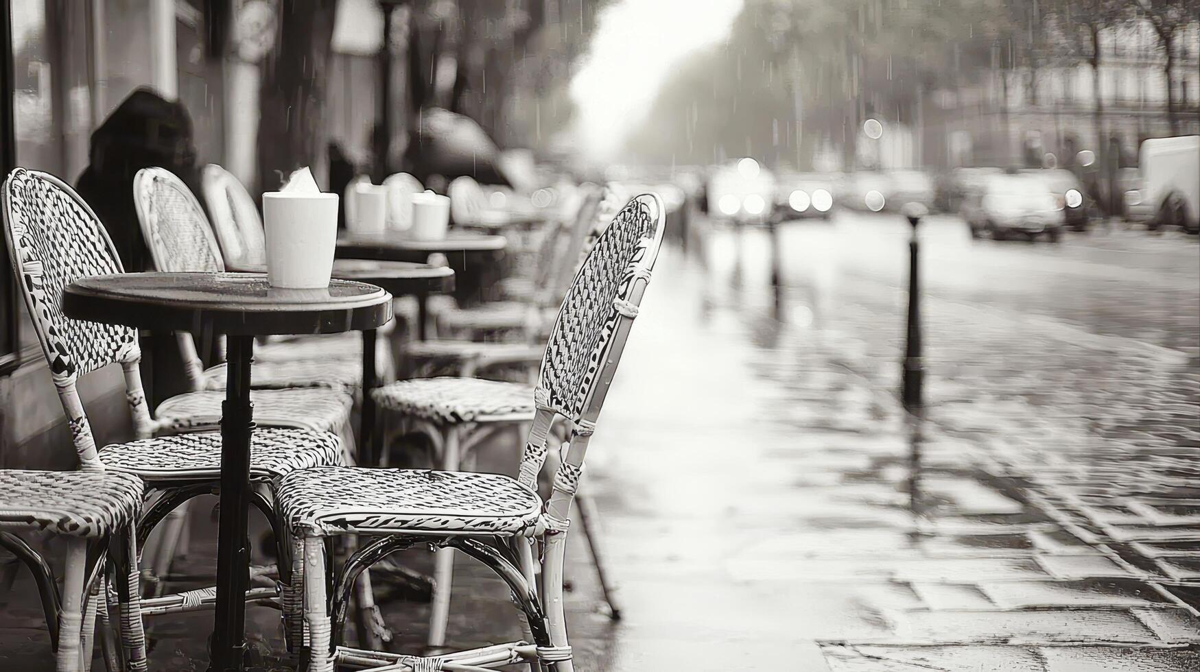 Parisian Cafe Rainy Day Empty Chairs Black and White Street Scene photo