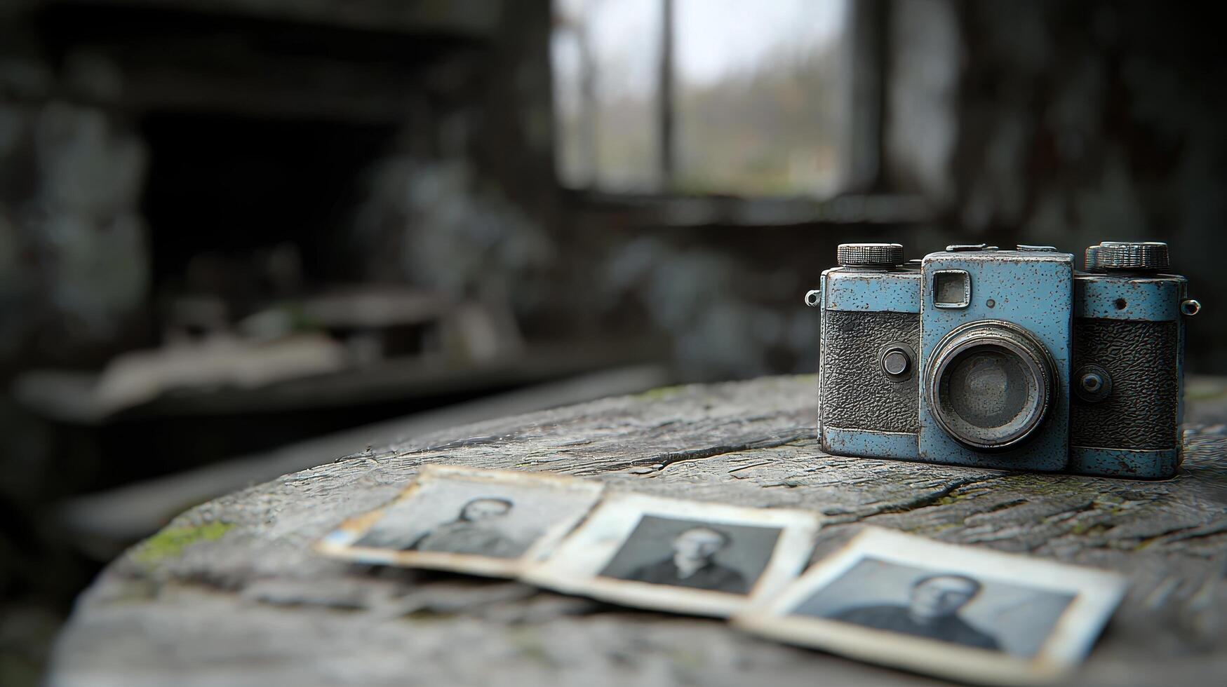 Vintage Camera and Old Photos on Rustic Wooden Table in Abandoned Building