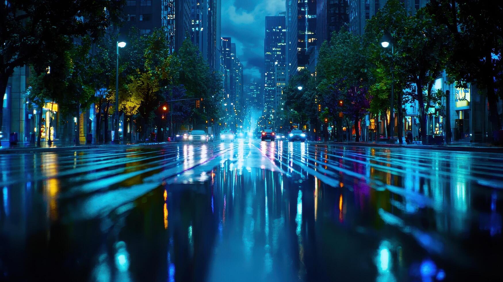 Night Cityscape Rainy Street Reflections Urban Lights Wet Asphalt City Traffic at Dusk photo